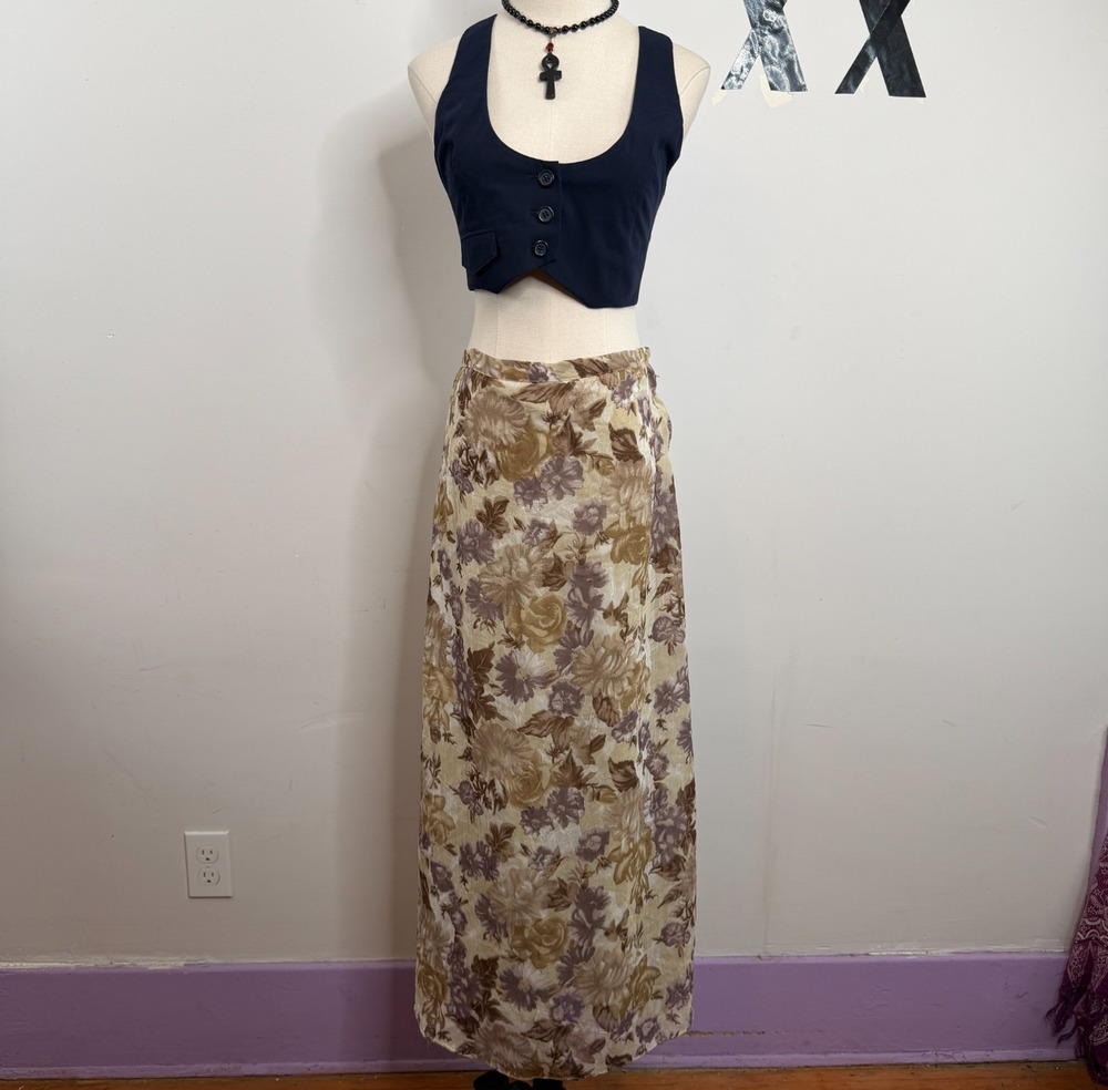 Vintage 90s Cream Floral Crinkle Sheer Overlay Side Zip Boho Maxi Skirt M L